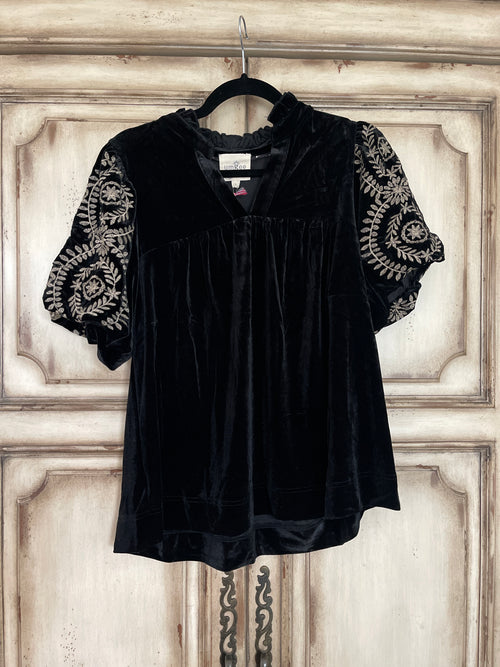 Black Velvet Embroidered Sleeve Top