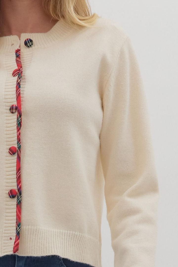 Plaid Trim Button Sweater