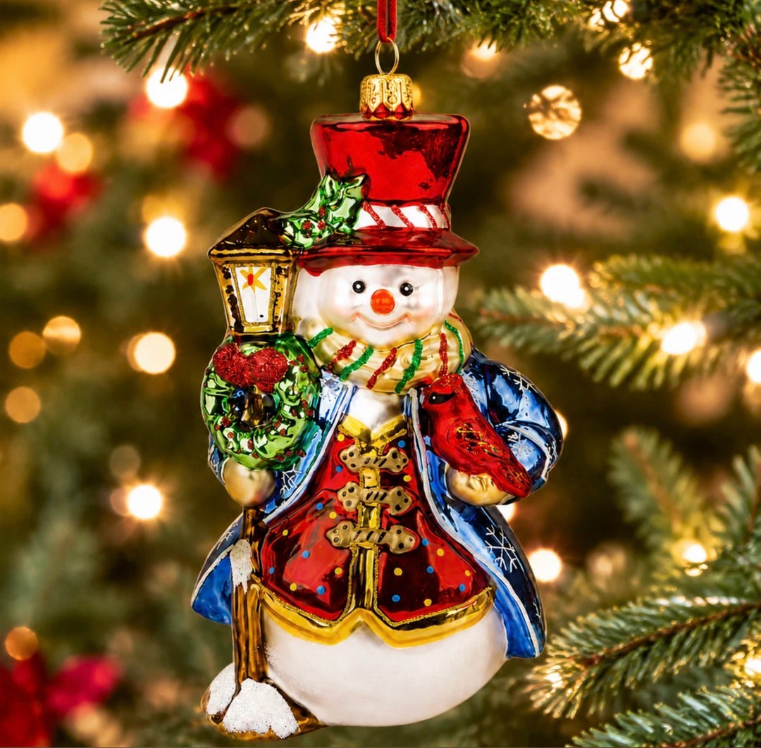 Huras Family: Stylish Snowman by Lamp Post Glass Ornament