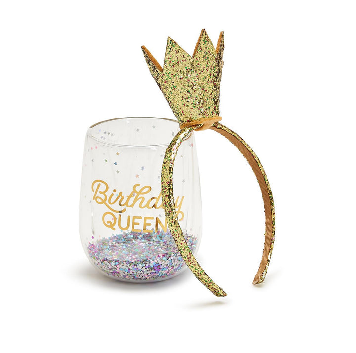 Birthday Queen Glitter Wine Glass & Crown Headband Set