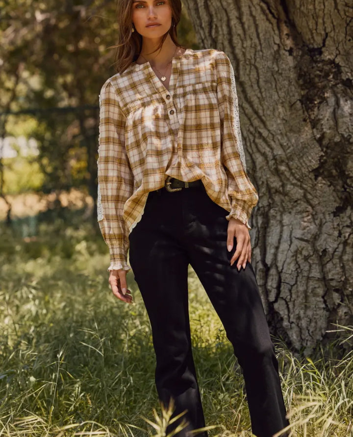 Golden Hour Lace-Inset Plaid Top