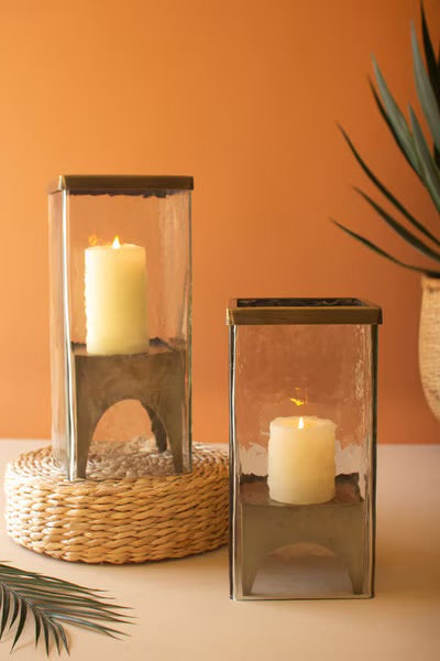 Antique Brass & Glass Square Hurricane Candle Holders