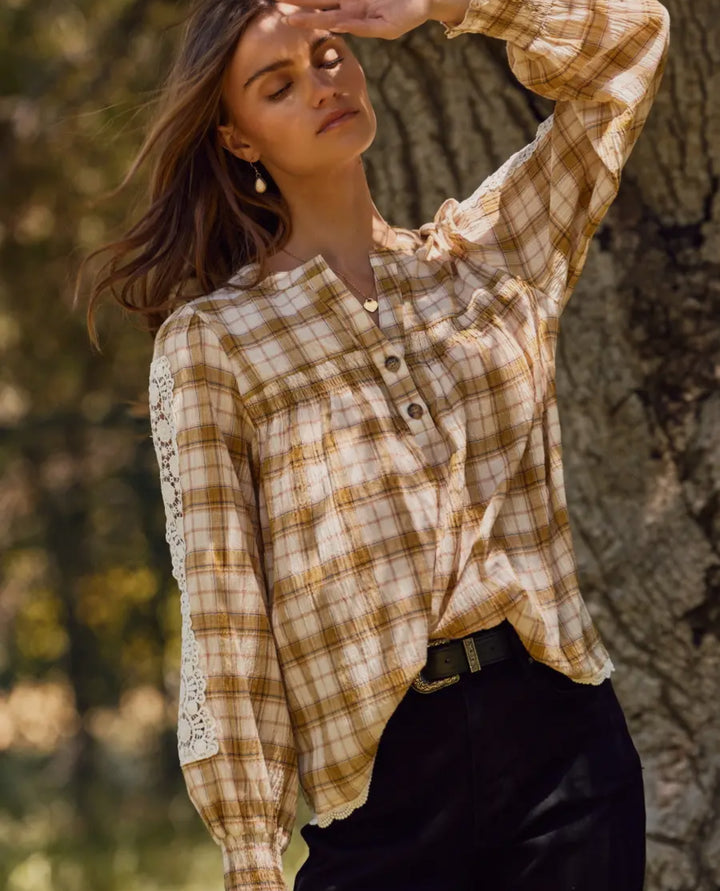 Golden Hour Lace-Inset Plaid Top