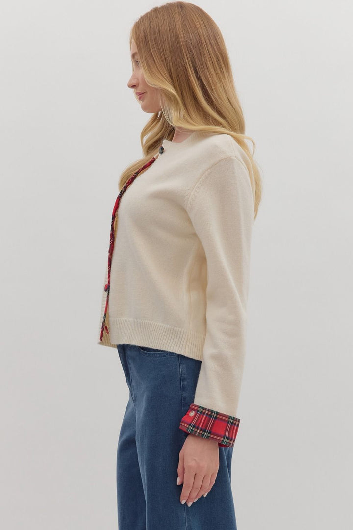 Plaid Trim Button Sweater
