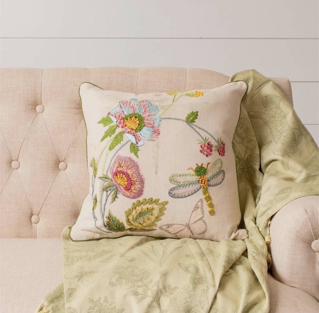 Garden Whimsy Dragonfly Embroidered Pillow