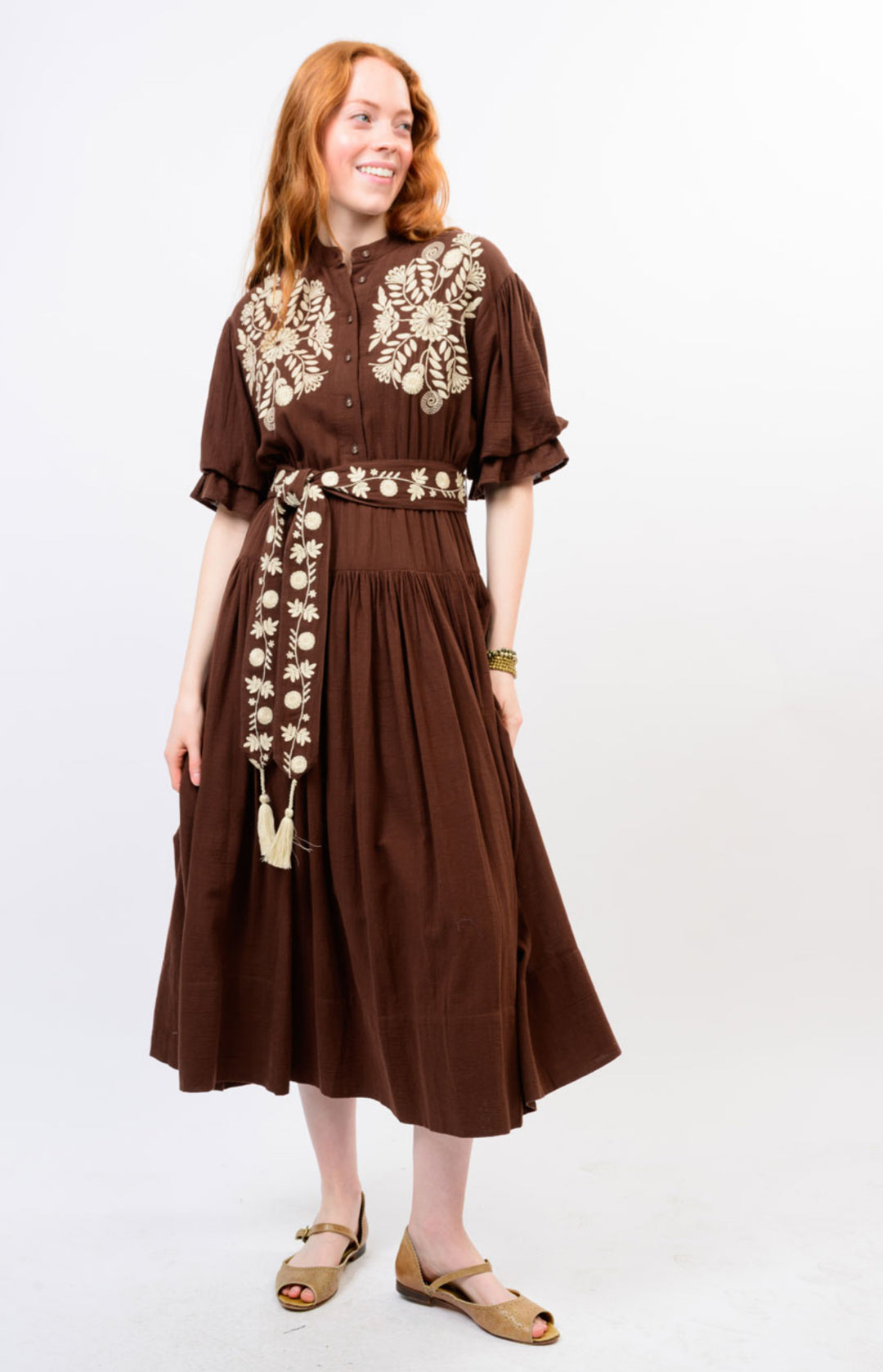 Mocha Embroidered Midi Dress