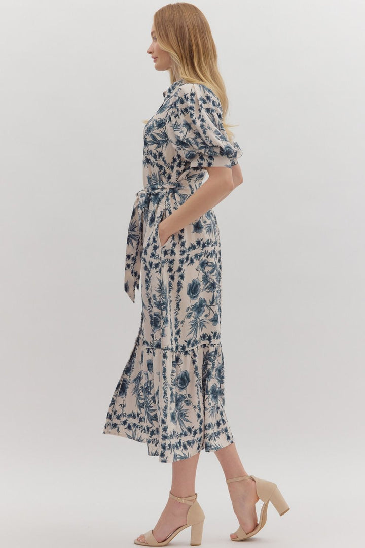 Botanical Toile Belted Midi Dress