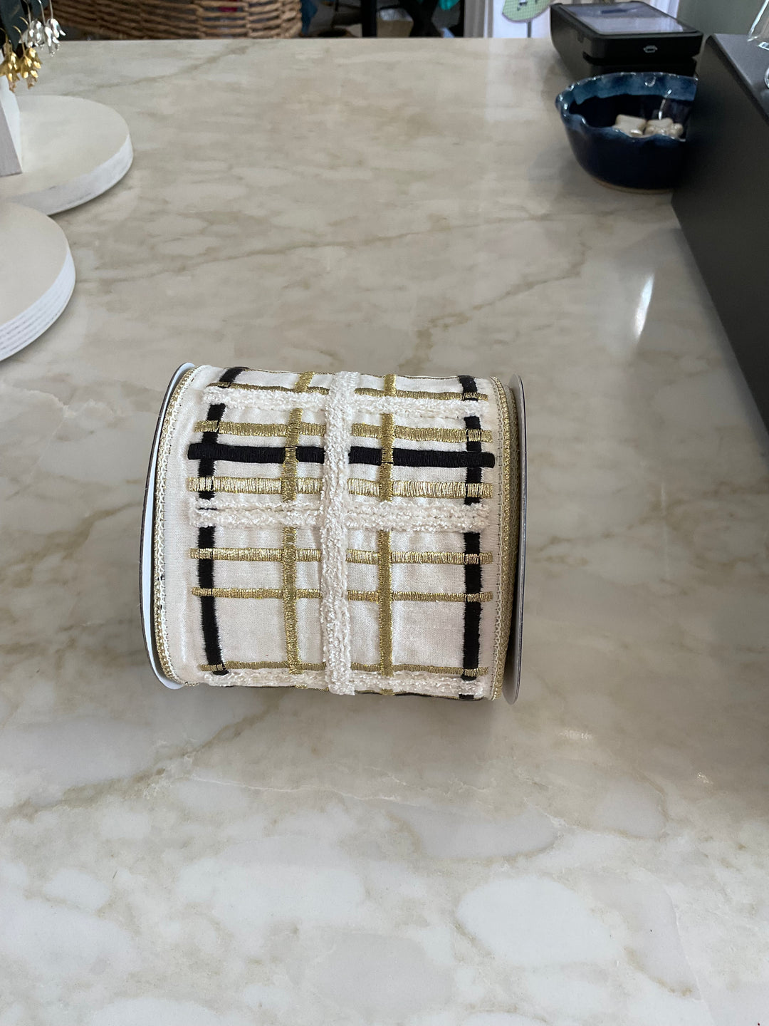 John Mark Enterprises: Ivory Luxe Plaid Embroidered Wired Ribbon