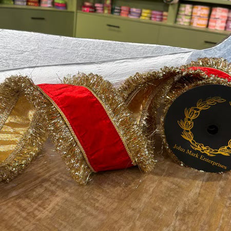 John Mark Enterprises: Red Velvet Tinsel Edge Ribbon