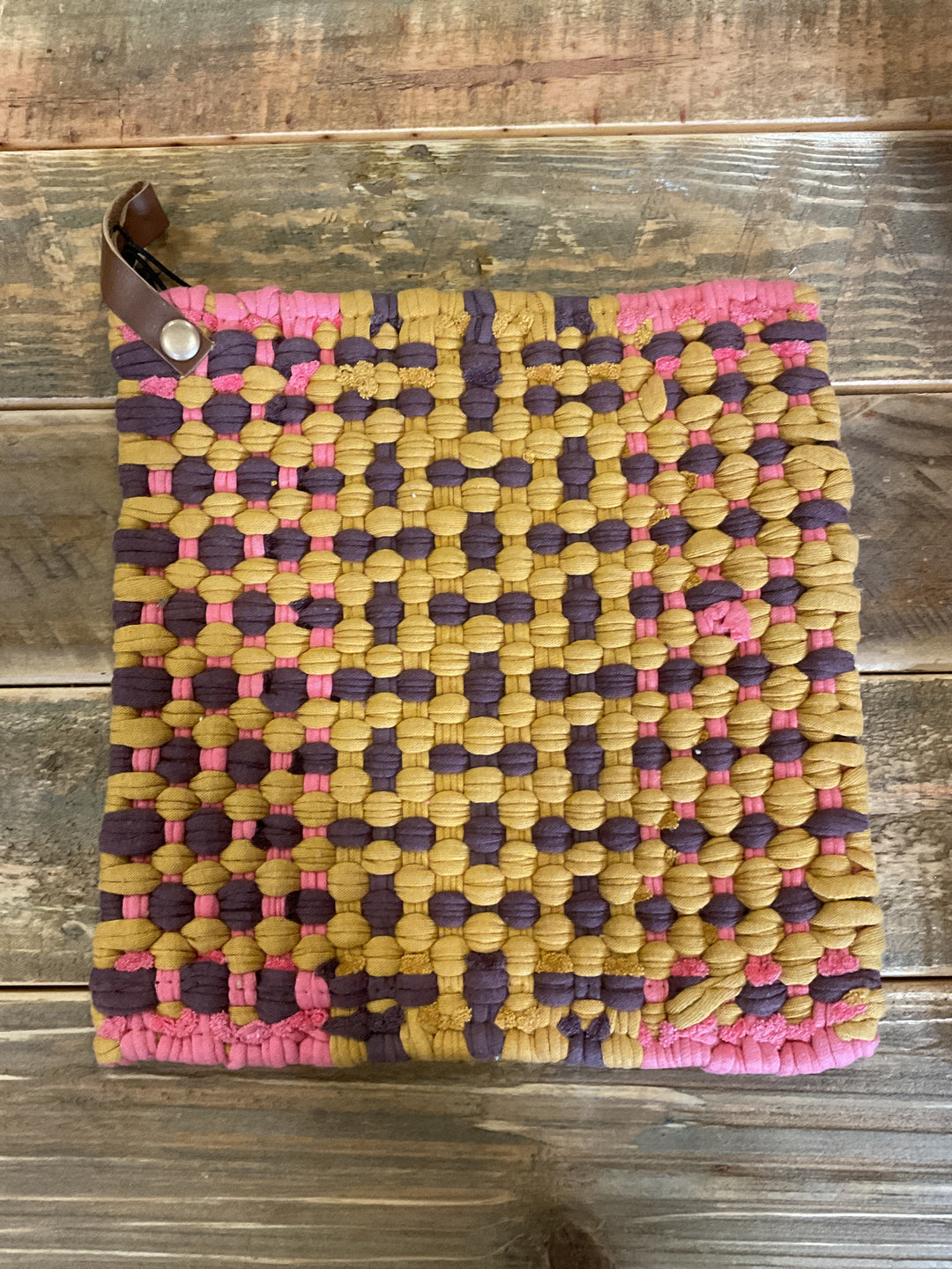 Cotton Crocheted Pot Holder with Leather Strap