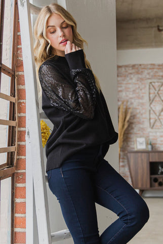 Black Sequin Sleeve Top