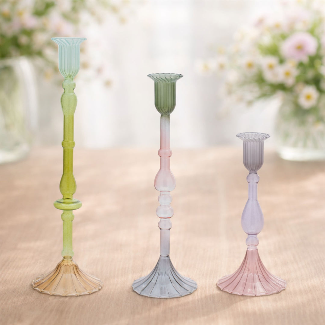 Pastel Prism Glass Candle Holder Set