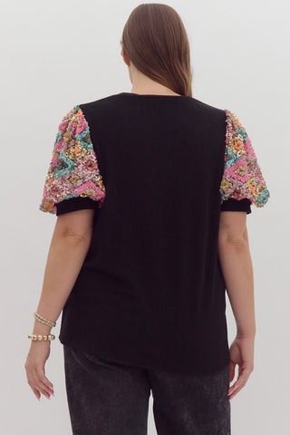 Black Sequin Sleeve Top