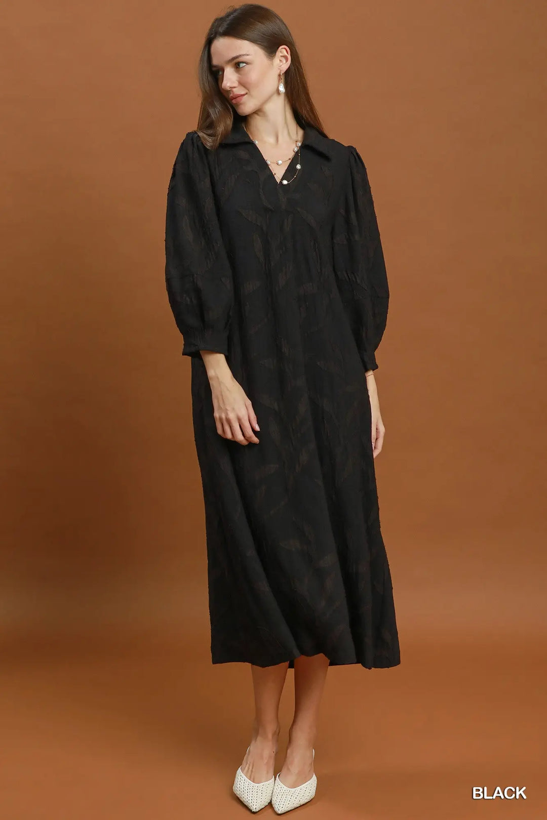 Camille Textured Collared Midi Dress – Black