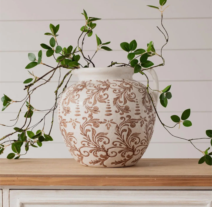 Tan Floral Ceramic Jug Vase
