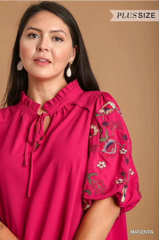 Pink Floral Embroidered Sleeve Top - Plus