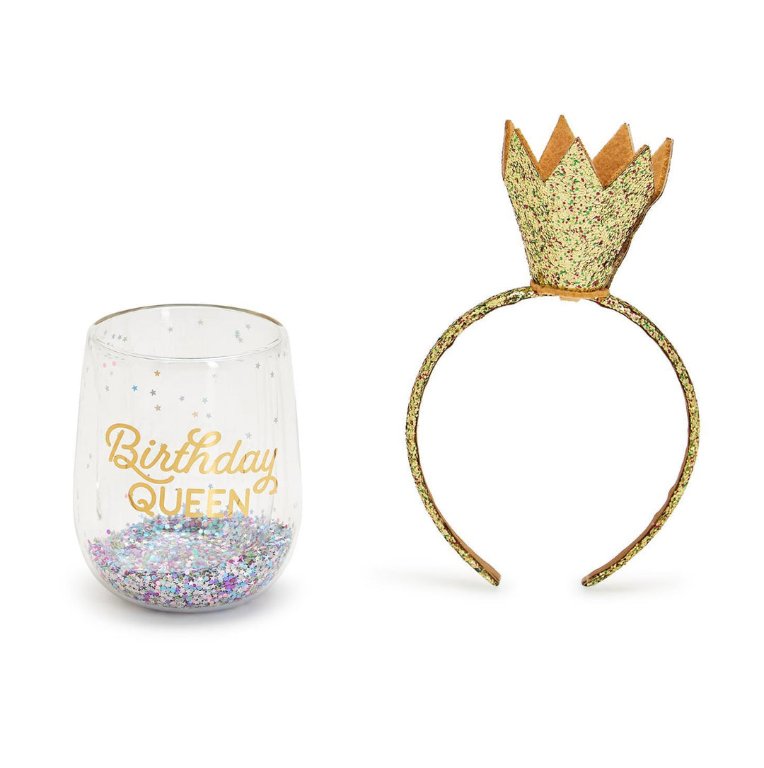 Birthday Queen Glitter Wine Glass & Crown Headband Set