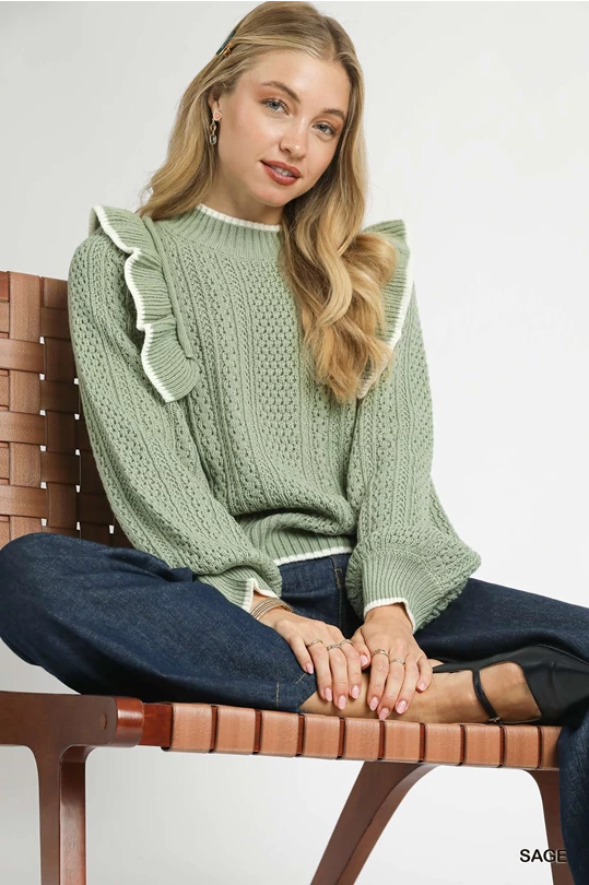 Ruffle Charm Cable Knit Sweater