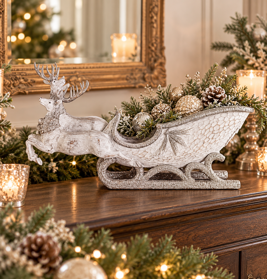 Frosted Silver Reindeer & Sleigh Centerpiece