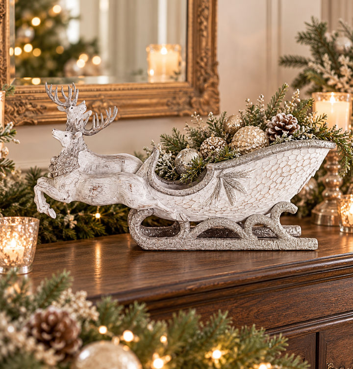 Frosted Silver Reindeer & Sleigh Centerpiece