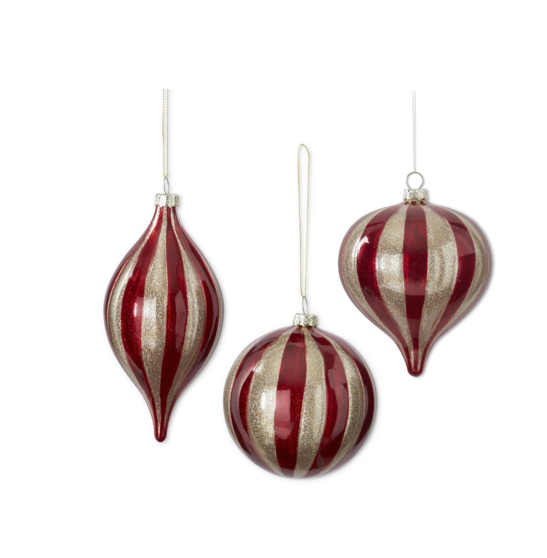 Ruby & Champagne Striped Glass Ornaments