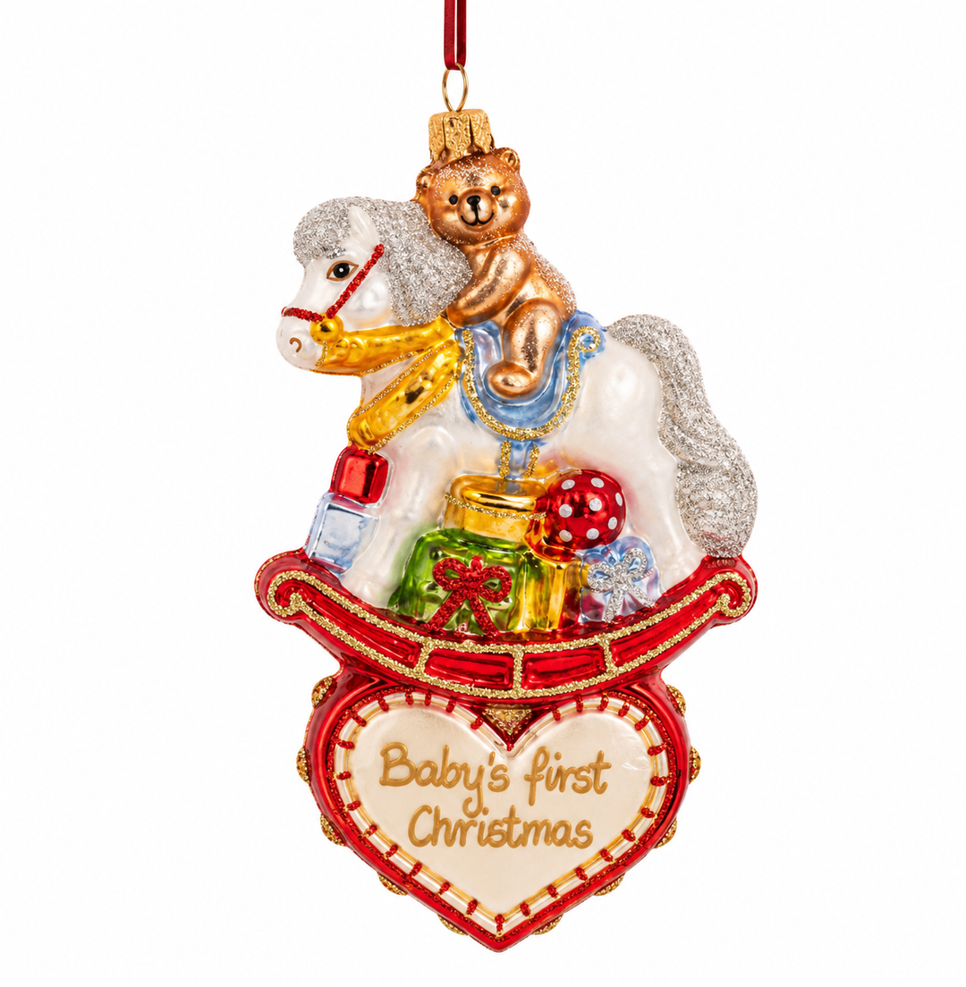 Huras Family: Rocking Horse on Red Heart (No Date) Glass Ornament