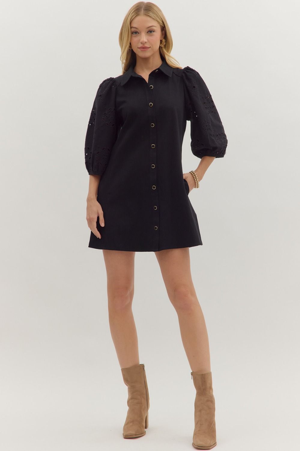 The Camden Eyelet Sleeve Shirt Dress – Black