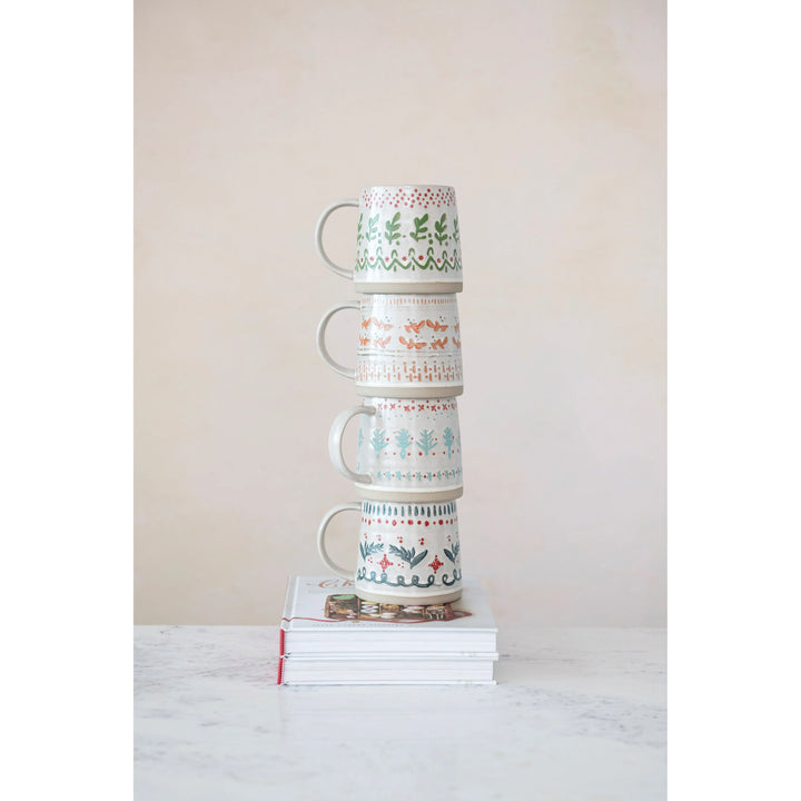 Hand-Stamped Stoneware Mug with Patterns