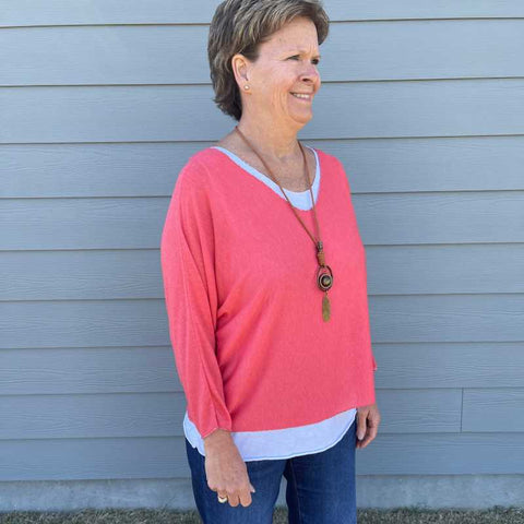 2 Piece Top with Necklace - Coral