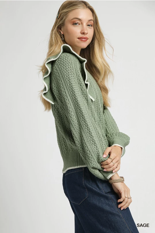 Ruffle Charm Cable Knit Sweater
