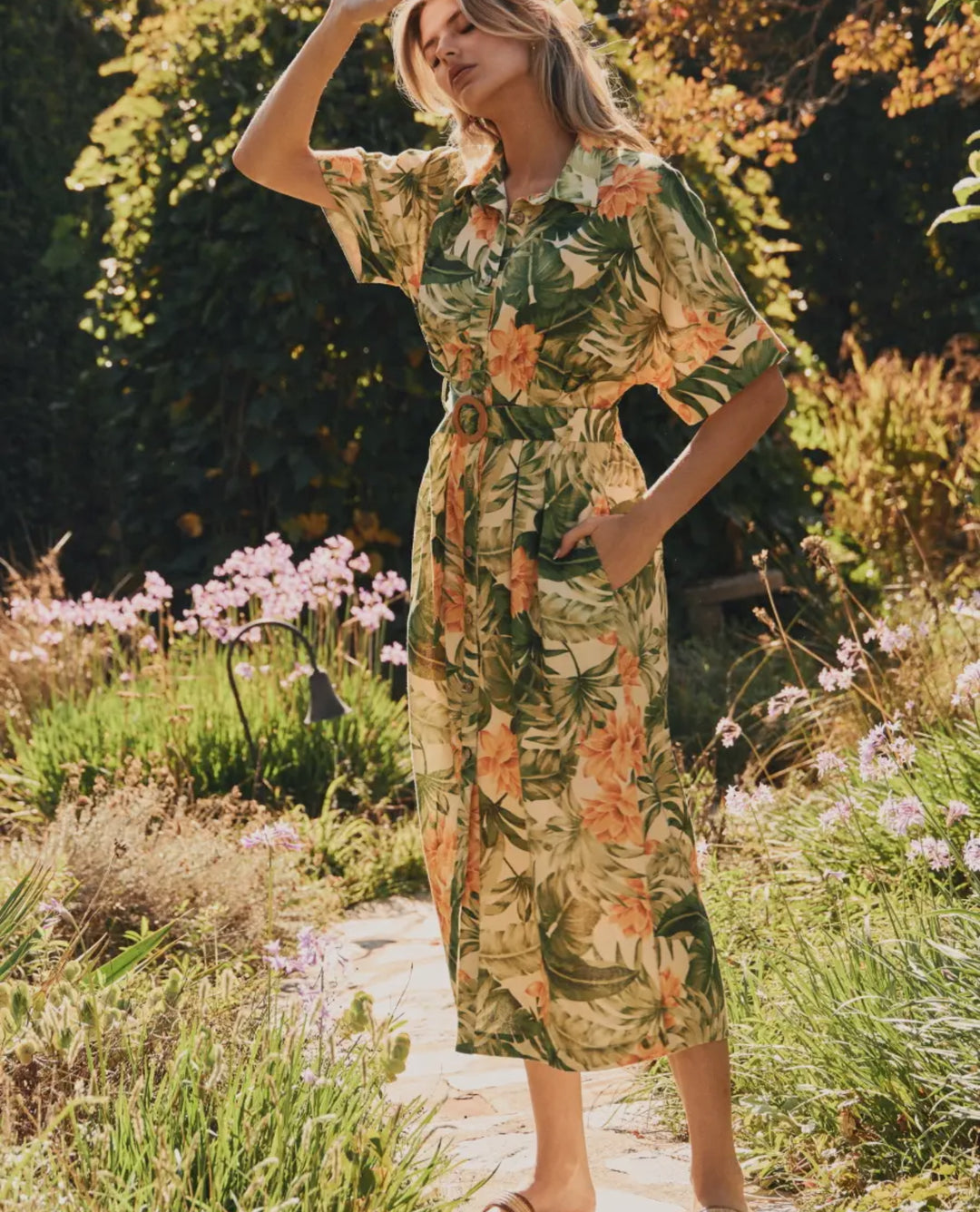 Palm Grove Belted Midi Dress