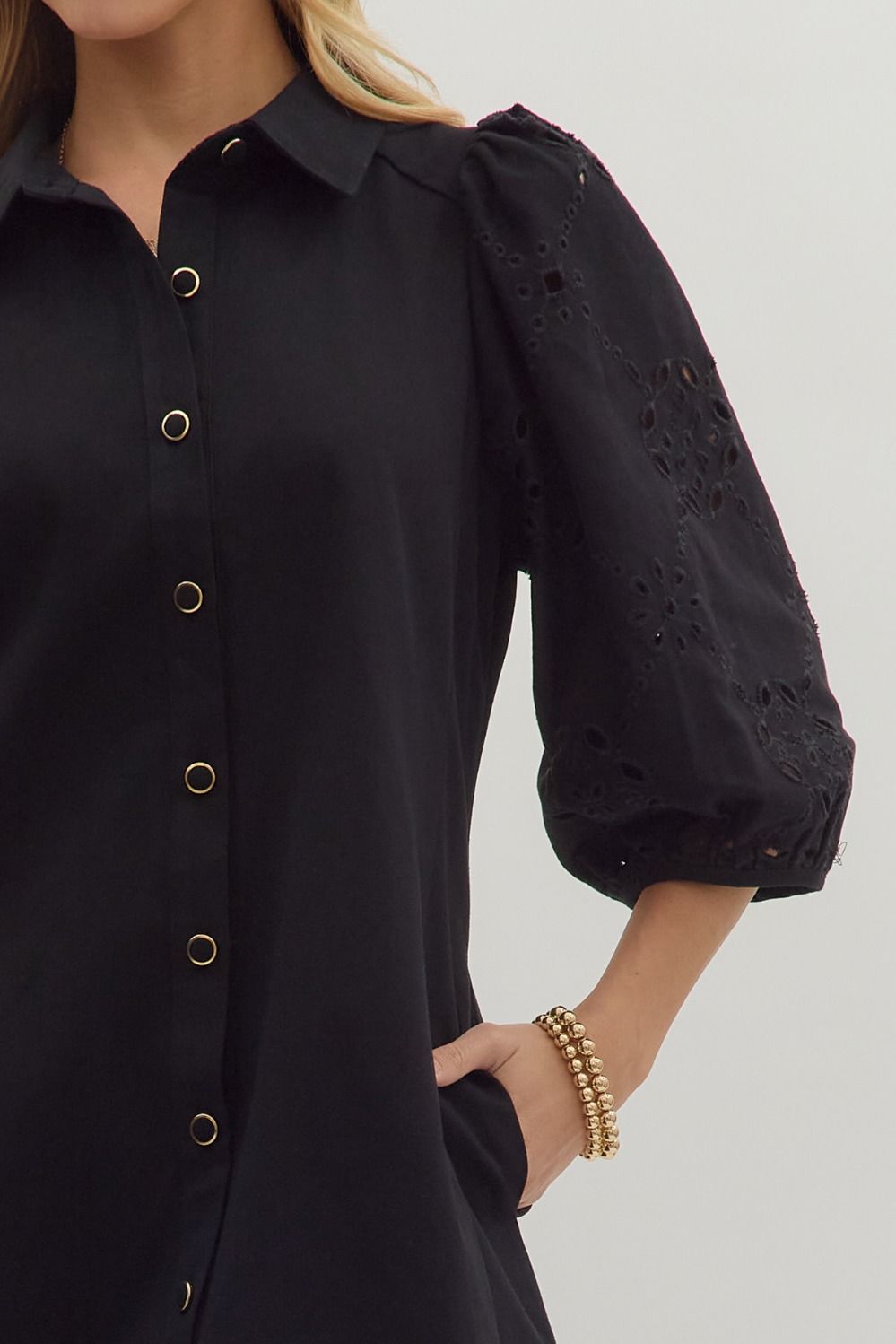 The Camden Eyelet Sleeve Shirt Dress – Black