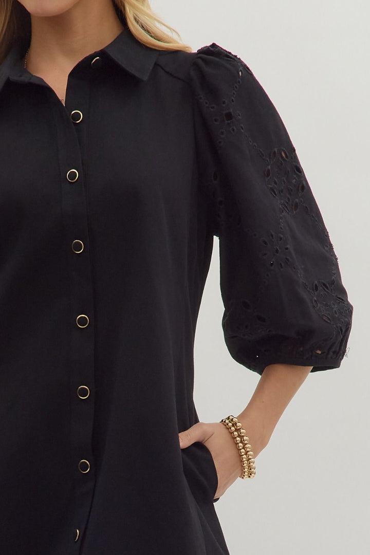 The Camden Eyelet Sleeve Shirt Dress – Black