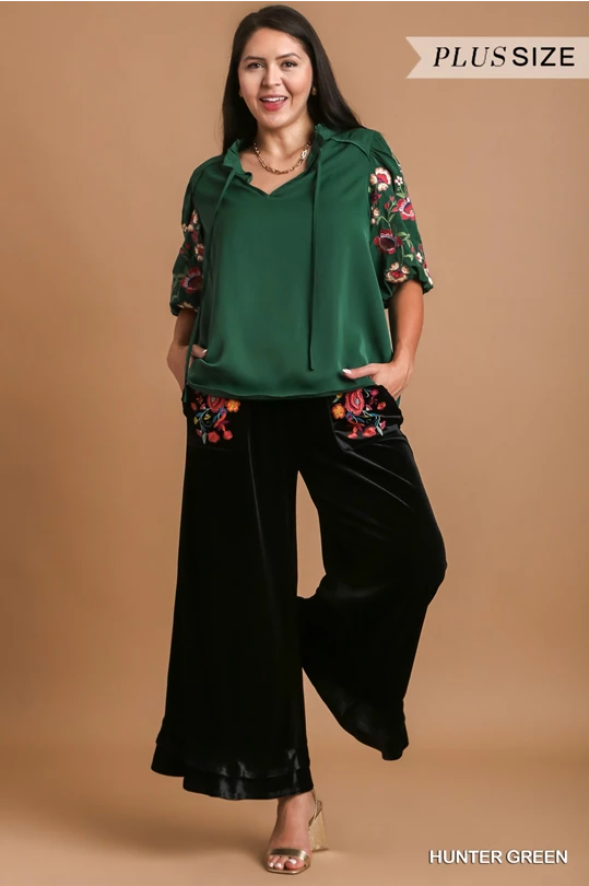 Green Floral Embroidered Sleeve Top - Plus
