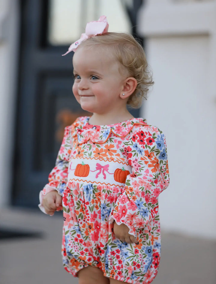 Smocked Embroidered Pumpkin & Bows Romper
