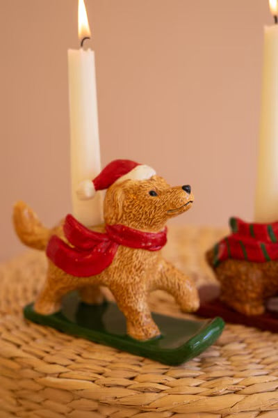 Ski Lodge Christmas Dog Taper Holders