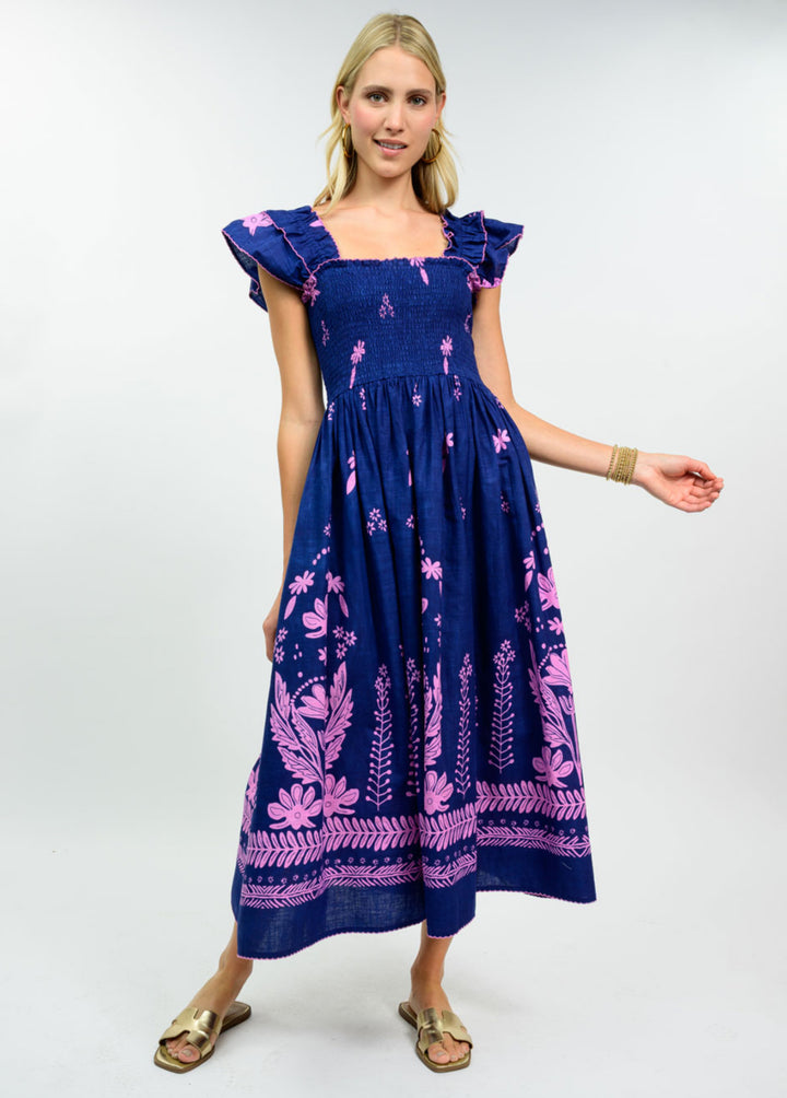 Midnight Bloom Smocked Midi Dress