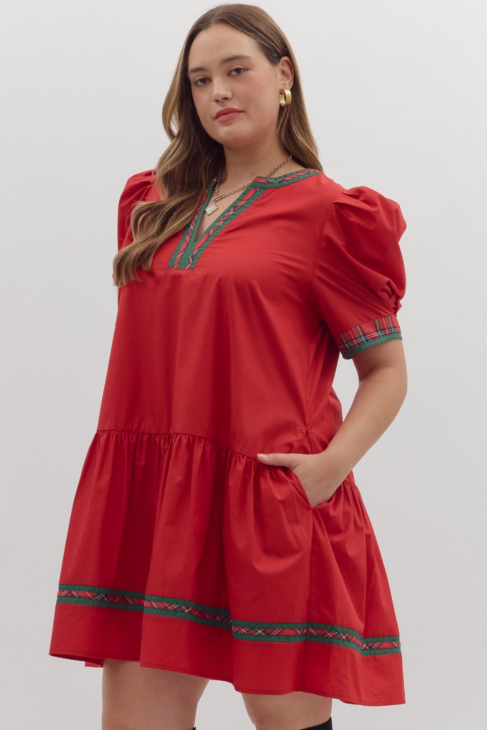Holiday Plaid Trim Puff Sleeve Dress – Plus Size
