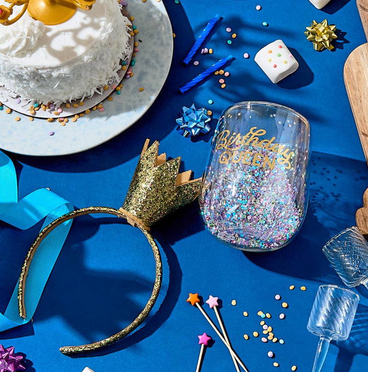 Birthday Queen Glitter Wine Glass & Crown Headband Set
