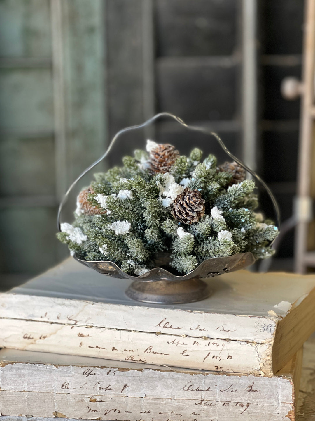 Snow-Kissed Evergreen & Pinecone Half Sphere