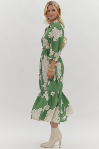 Green Floral Button Up Collared Dress