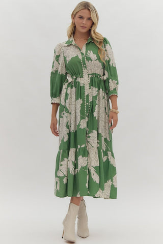 Green Floral Button Up Collared Dress