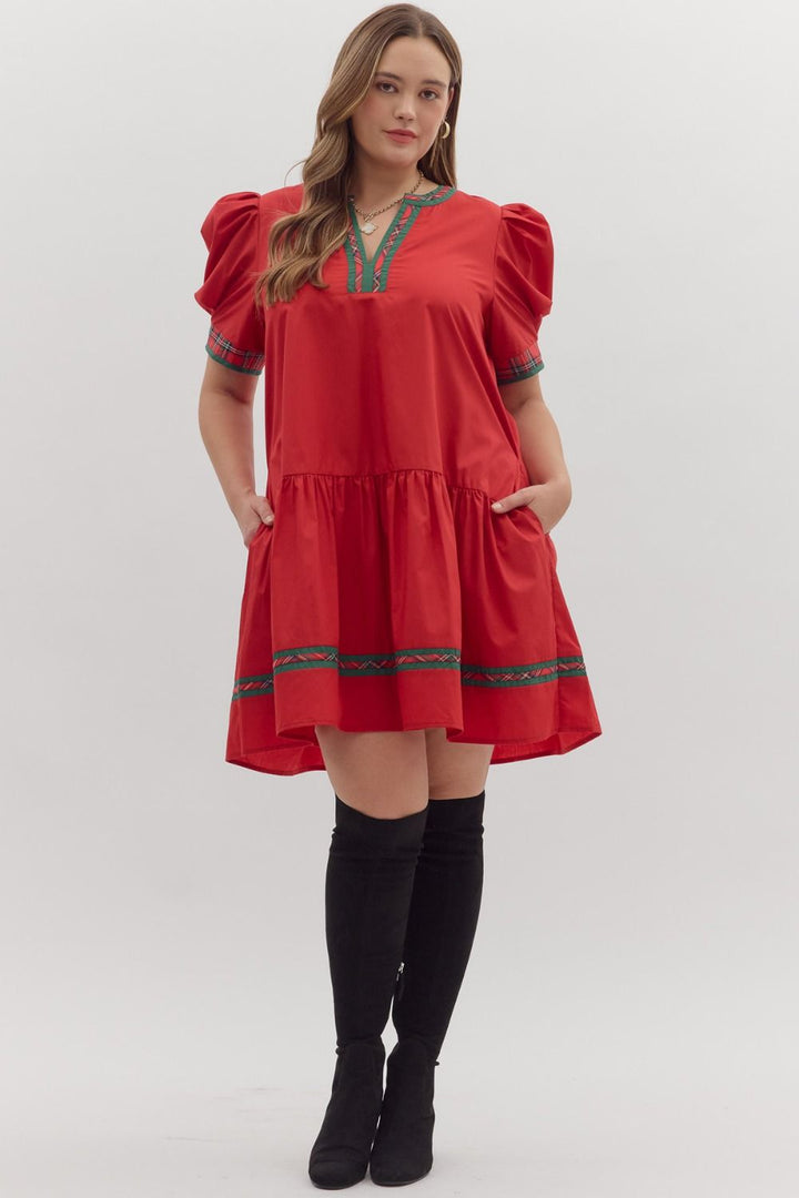 Holiday Plaid Trim Puff Sleeve Dress – Plus Size