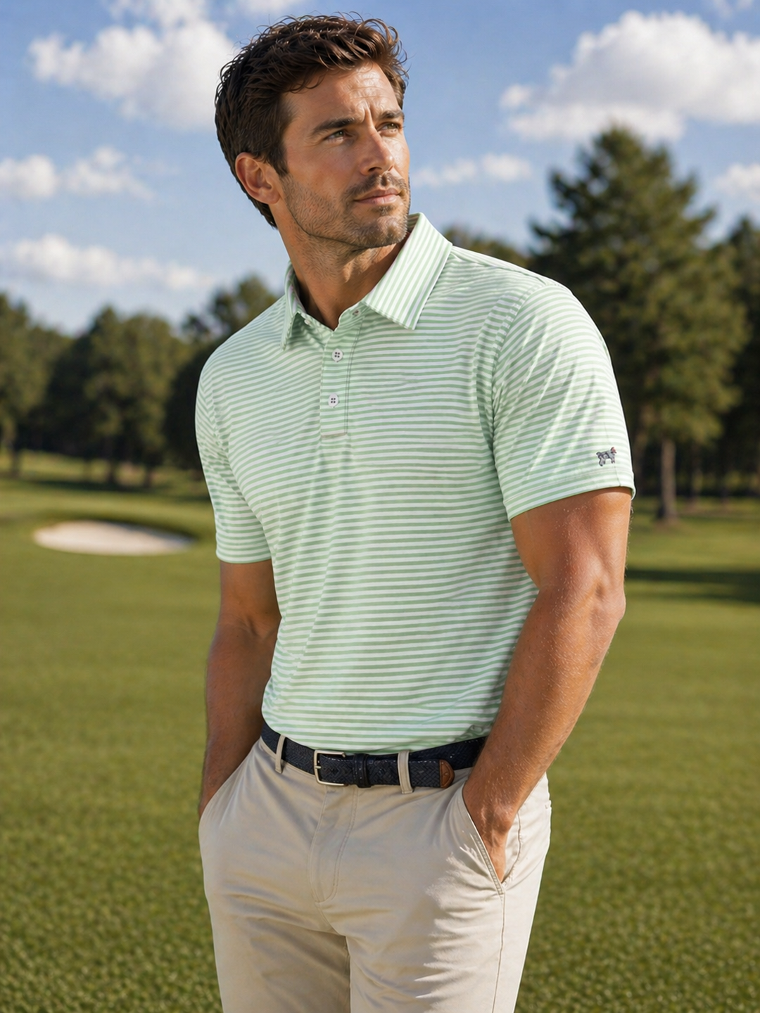 Morgan Stripe Performance Polo - Spring Green & White