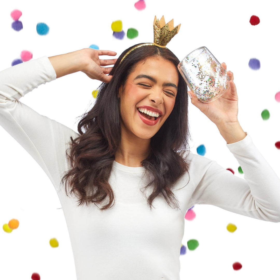 Birthday Queen Glitter Wine Glass & Crown Headband Set