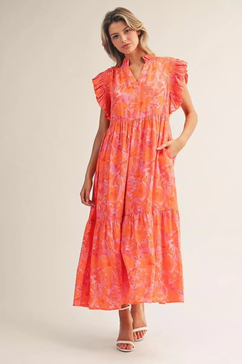 Sunset Bloom Ruffle Maxi Dress
