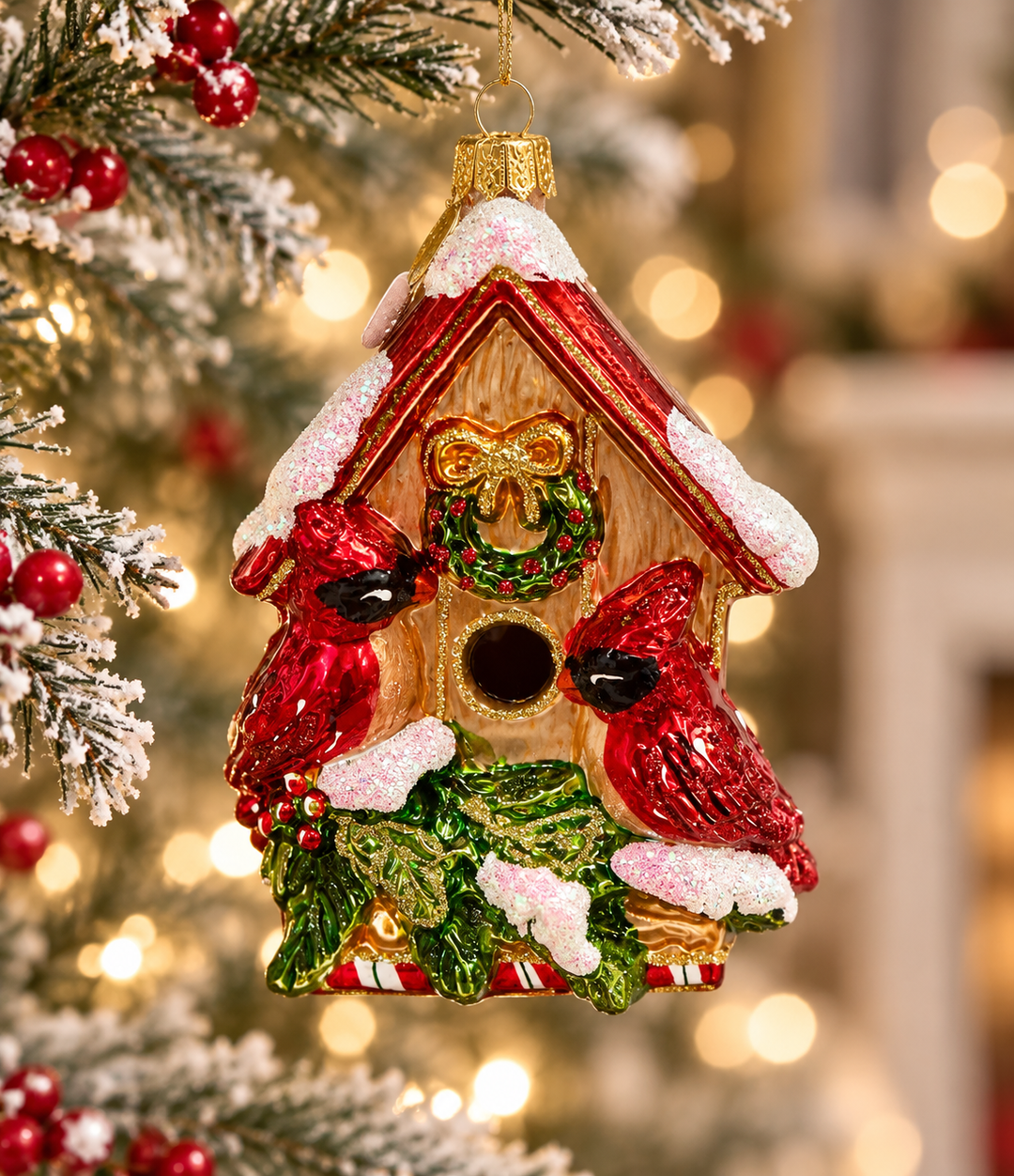 Huras Family: Birdhouse at #1 Holly Perch Ln Glass Ornament