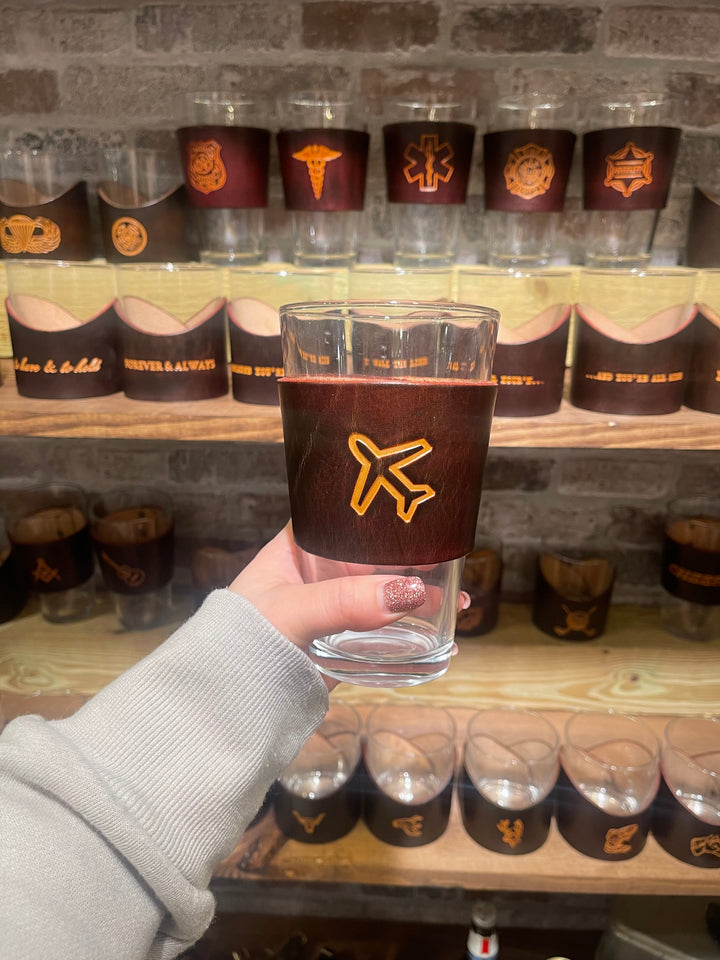 Pint Glass with Genuine Leather Holder