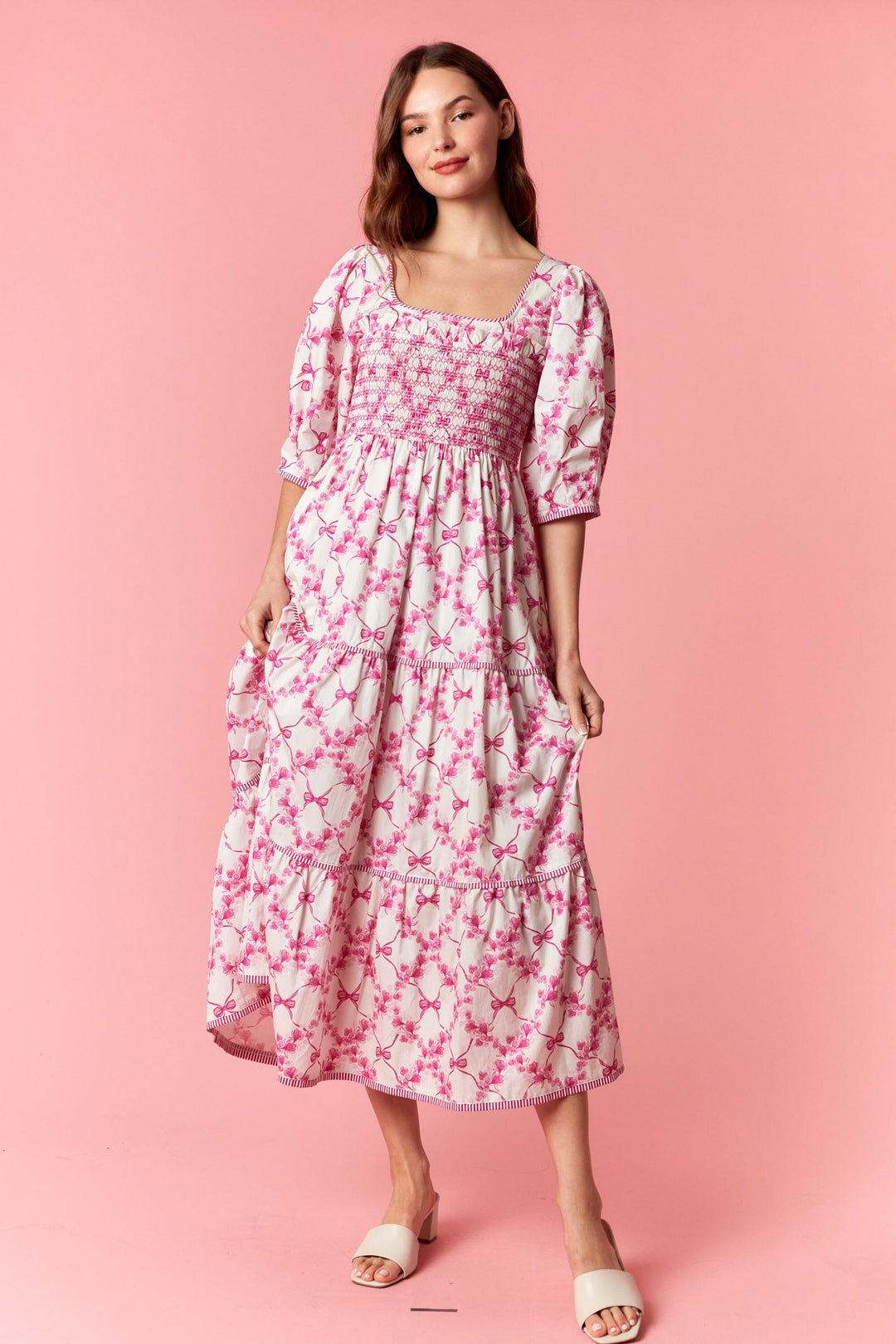 Pink Bow Garden Midi Dress