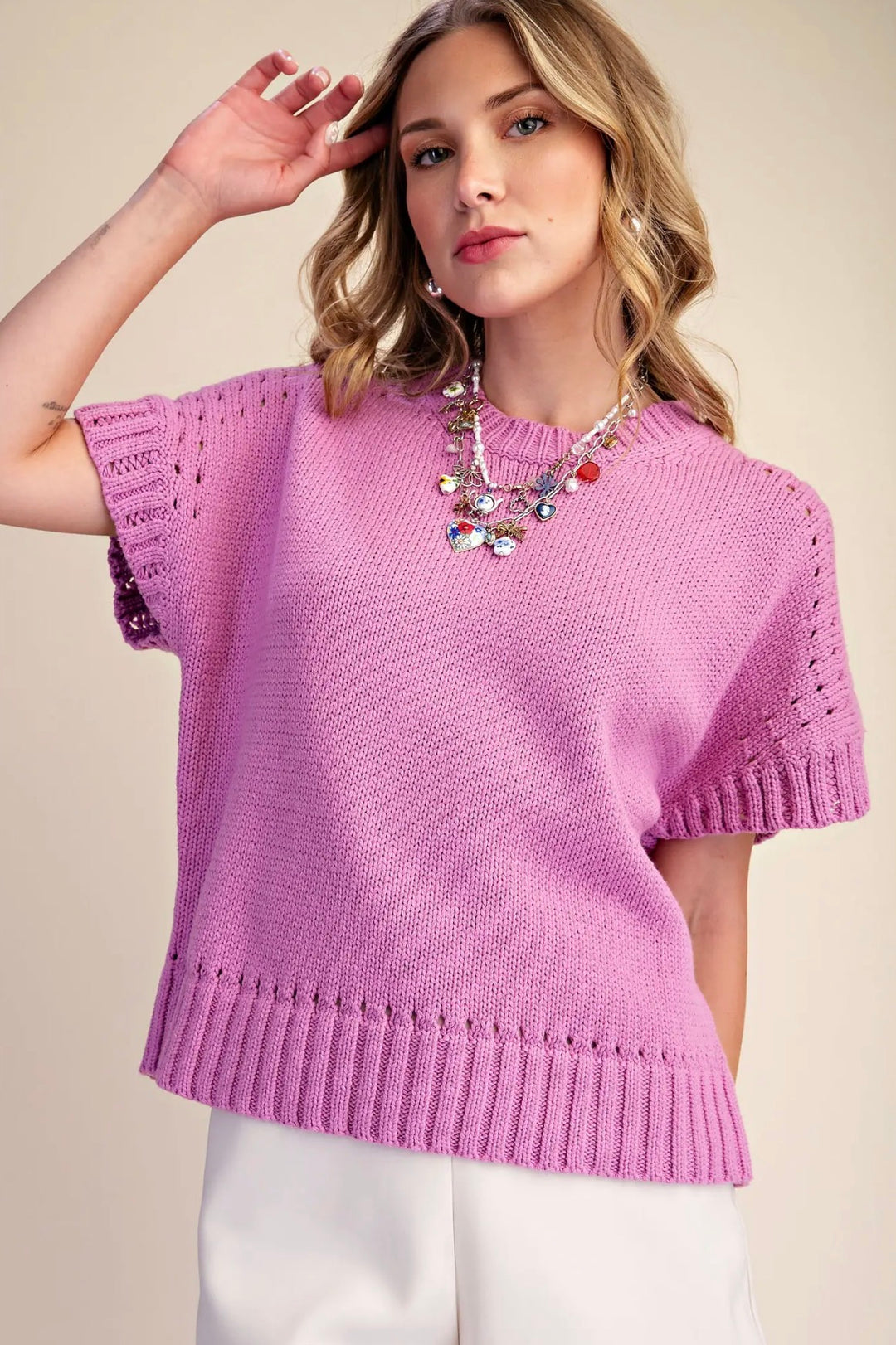 Rosy Knit Short Sleeve Sweater
